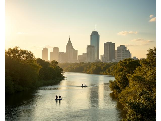 A vibrant skyline view of downtown Austin, Texas, with Lady Bird Lake in the foreground, showcasing the city's blend of nature and modernity.