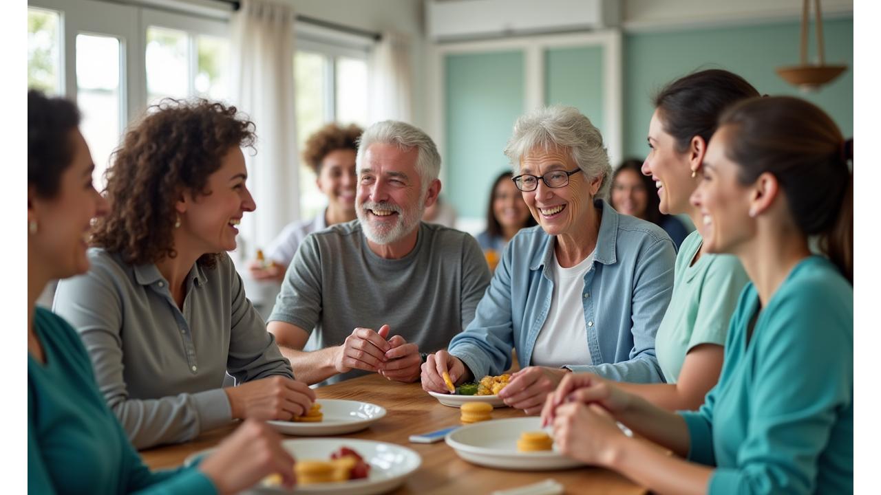 A diverse group of adults smiling and interacting in a bright, modern community space, symbolizing the positive impact of VitaSprout's collective.