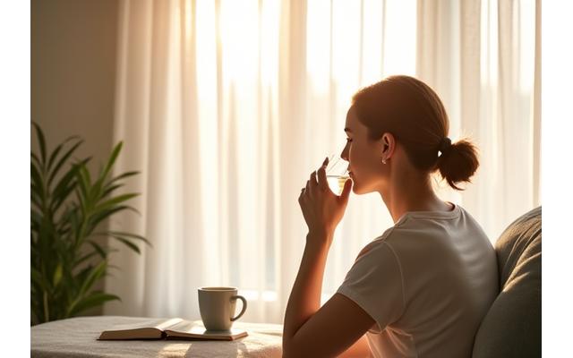 Person enjoying a calm morning routine with sunlight and a glass of water