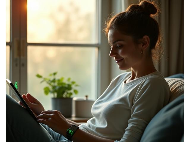 Person using simple health tracking device, looking relaxed and healthy, with subtle green data overlays