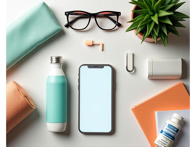 Diverse collection of accessible biohacking tools: a meditation app on a phone, a yoga mat, a water bottle, blue light glasses, and a budget-friendly resistance band