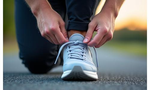 Runner tying shoelace before a run.
