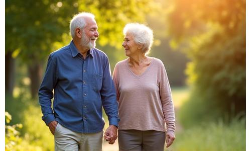 Older couple laughing and walking together in a sunny park.