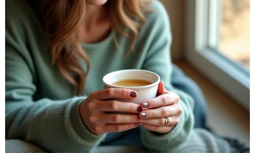 Person drinking tea while looking out window, symbolizing calm.