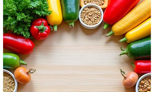 Table laden with colorful, fresh vegetables and fruits.