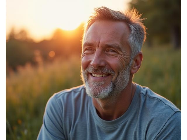 Photo of Mark, 58, actively enjoying a hike with a peaceful expression.