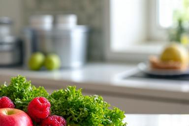 A vibrant counter displaying fresh fruits, vegetables, a blender for smoothies, and a meal prep container, representing healthy nutrition tools.