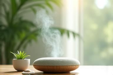 A calming scene with a meditation cushion, essential oil diffuser with soft mist, and a small plant, conveying peace and stress relief.