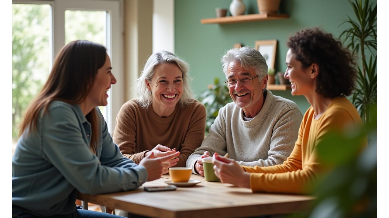 Diverse group of adults 35+ interacting, sharing genuine smiles and stories in a modern, light-filled community space.