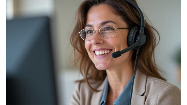 A woman with a headset engaged in a virtual Q&A session, looking thoughtful and approachable, representing expert advice.