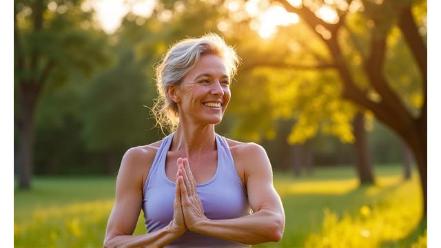 Jillian, a happy woman in her 40s, smiling during an outdoor yoga session.