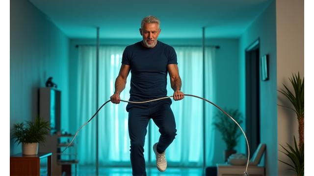 Mark, a man in his 50s, looking energetic and focused while using a smart skipping rope in a home gym setting.