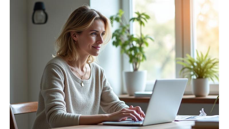 A woman in her late 30s typing on a laptop, a thought bubble above her head indicates sharing ideas, in a serene home office.