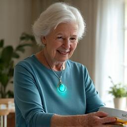 An older adult gracefully reaching for a cup, with a smart pendant discretely visible around their neck, symbolizing fall detection and emergency response.