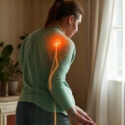 A person gently stretching, with subtle visual cues like heat map-like overlays on their joints, representing movement tracking for chronic pain management.