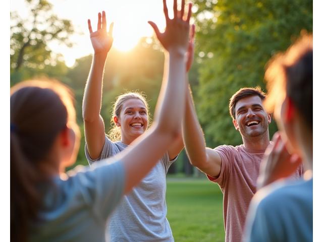 A diverse group of adults 35+ triumphantly raising hands after a community wellness challenge, with subtle digital overlays representing data points and achievement badges, conveying a sense of shared success.
