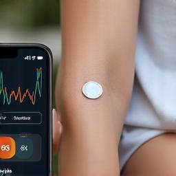 A modern continuous glucose monitor patch on an arm, with a smartphone displaying blood sugar levels and trends.