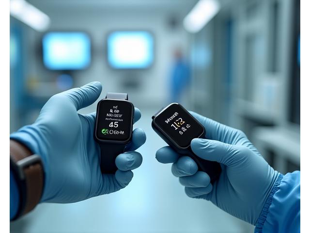 A hand holding a fitness tracker while another hand uses a professional medical device, demonstrating comparative accuracy testing in a laboratory-like setting.