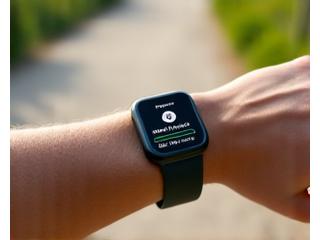 Close-up view of a sleek fitness tracker displaying steps and active minutes on a person's wrist during a casual walk.