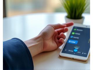 A person monitoring their blood pressure with a smart blood pressure cuff synchronized with a tablet, in a modern home environment.