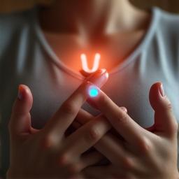 A person's hand resting on their chest, showing a subtle bio-sensor patch for ECG monitoring, with a gentle glow indicating health insights.