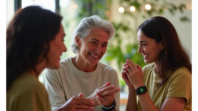 Diverse group of adults 35+ interacting with various modern smartwatches, fitness trackers, and health sensors, smiling and engaged, in a clean, brightly lit wellness-oriented setting.