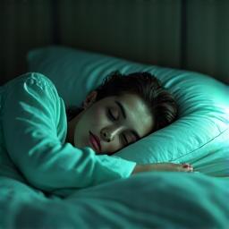 A person sleeping peacefully, with a subtle aura indicating deep sleep cycles detected by an unseen sleep tracker, in a dark, calming room.