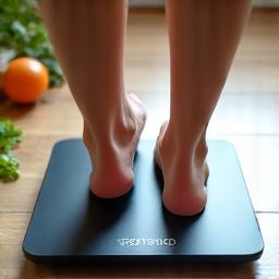 A smart scale displaying body composition metrics, with a person's feet on it, and healthy food items subtly blurred in the background.
